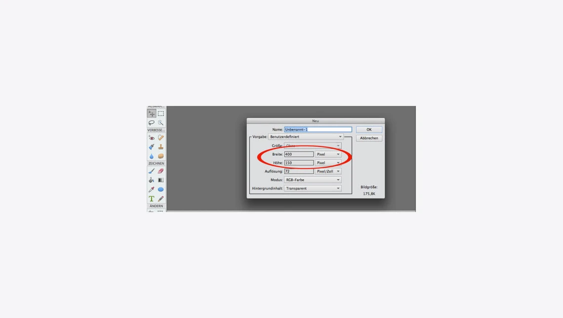 Screenshot eines Grafikprogramms: Dialogfenster mit Feldern, rote Markierung um den Bereich; linke Symbolleiste sichtbar.