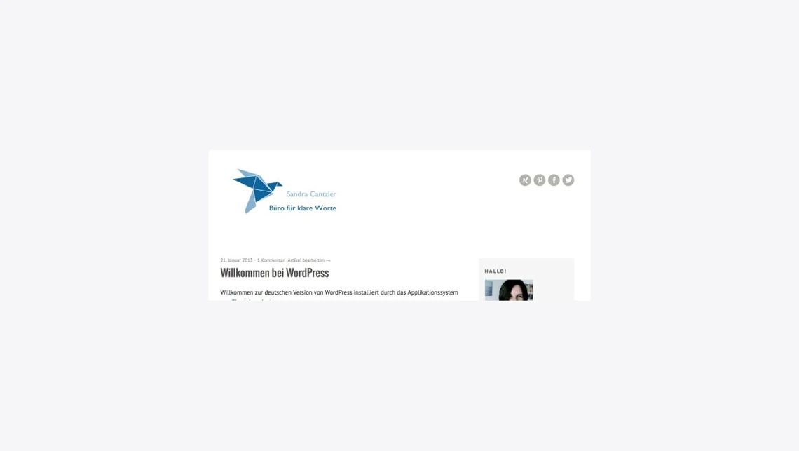 Kleiner Screenshot einer Webseite: Blaues Origami-Vogel-Logo links, Überschrift 'Willkommen bei WordPress', helles Layout.
