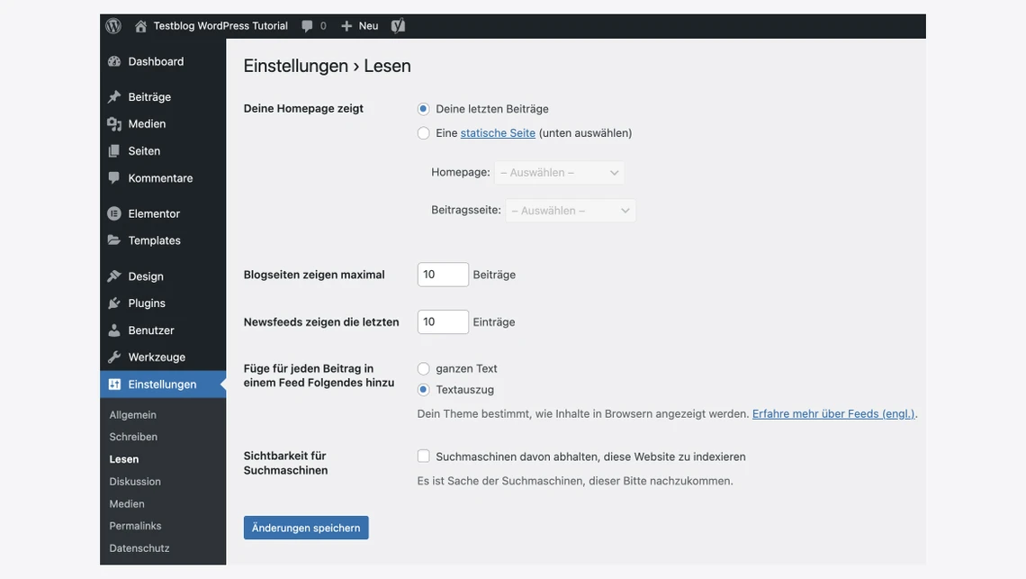 Screenshot der WordPress-Admin-Seite Einstellungen Lesen: Optionen zur Startseite, Beitragsseite, Speichern-Button.