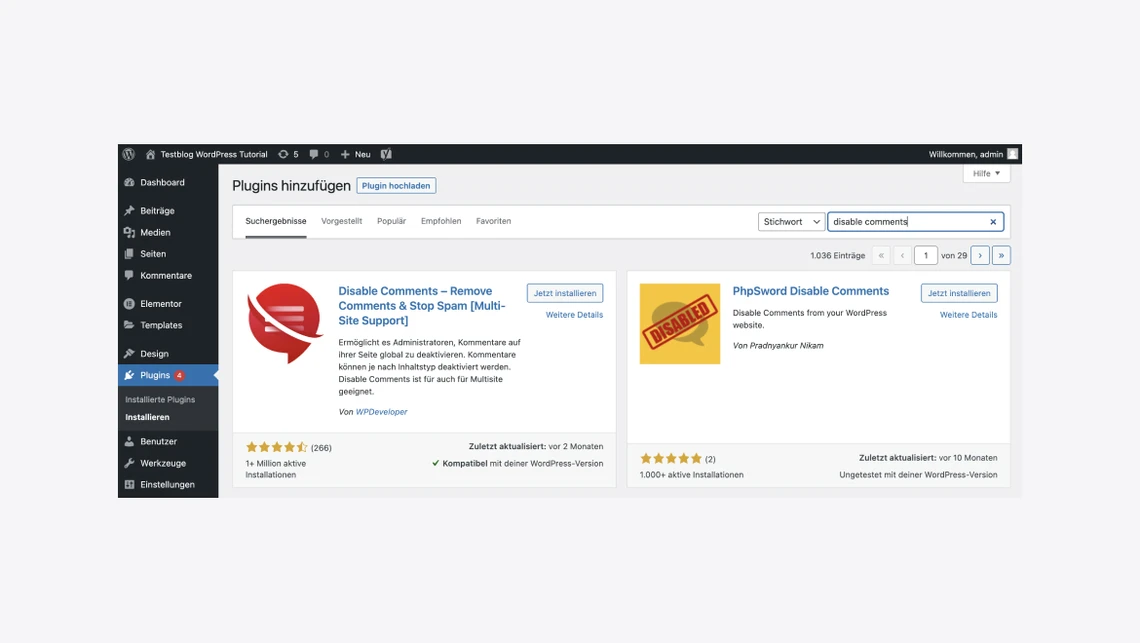 Screenshot: WordPress-Admin, linke Seitenleiste, Suchfeld 'Plugins hinzufügen', zwei Plugin-Karten mit Icons.