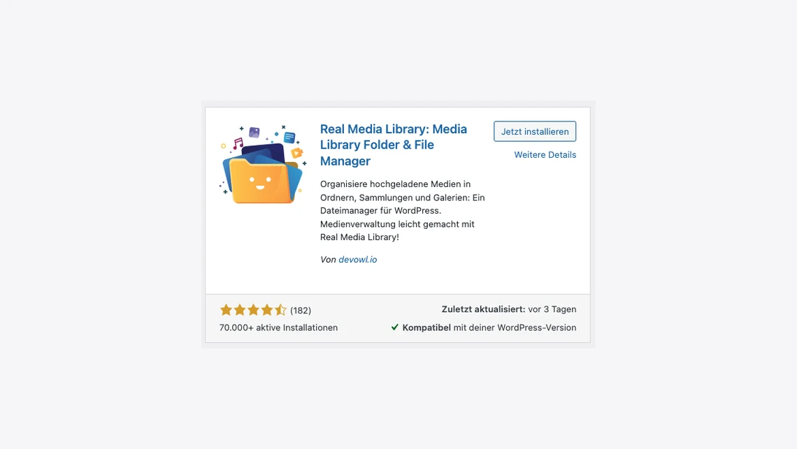 Screenshot einer Plugin-Card mit gelbem Ordner-Logo, Titel Real Media Library und Button Jetzt installieren.