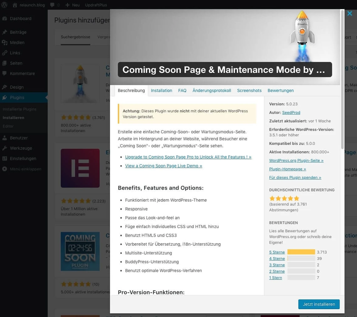 Screenshot einer WordPress-Admin-Oberfläche mit einem Fenster 'Coming Soon Page & Maintenance Mode by ...' und Raketen-Icon.