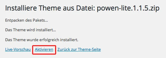 Theme-Installationsdialog: Datei powen-lite.1.1.5.zip; Buttons: Live-Vorschau, Aktivieren.
