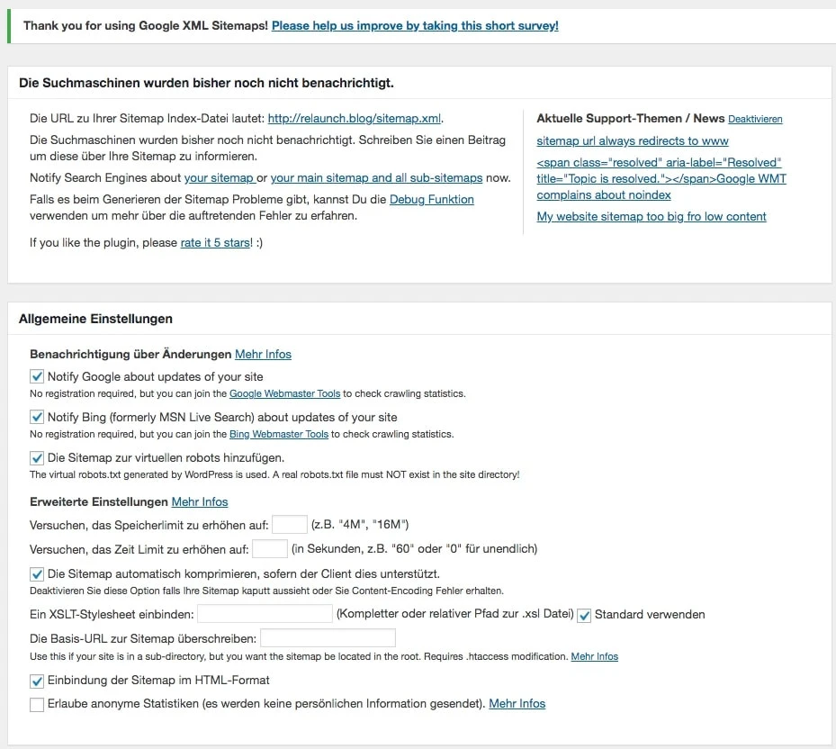 Screenshot einer deutschen WordPress-Seite mit Google XML Sitemaps Einstellungen, Checkboxen und Textfeldern.