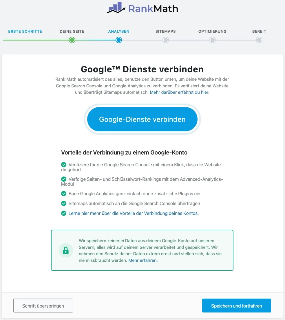 Screenshot einer Rank Math-Oberfläche: Dialog Google-Dienste verbinden mit blauem Button und Vorteile-Liste.