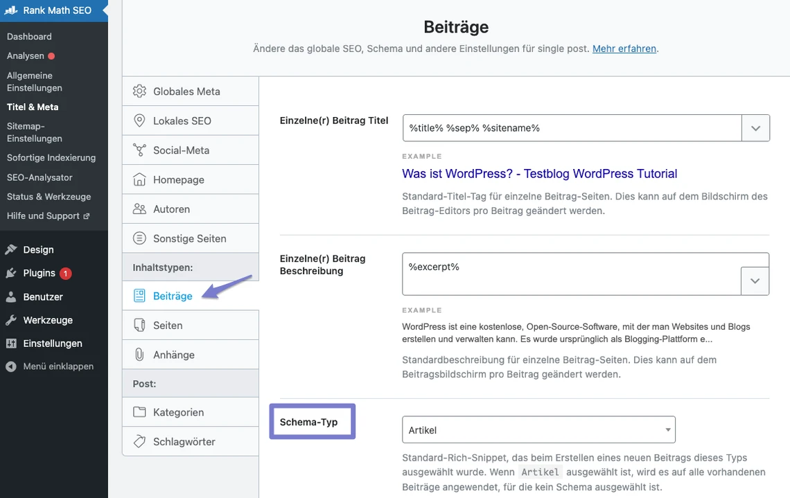 WordPress-Adminbereich; linke Seitenleiste mit Menüpunkt Beiträge (blau markiert) und Schema-Typ mit Auswahl Artikel.