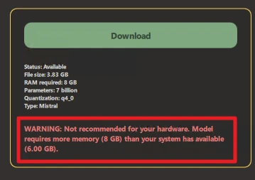 Dunkle Benutzeroberfläche mit grünem Download-Button oben; roter Warnhinweis im Fenster, Text zu Speichermangel.