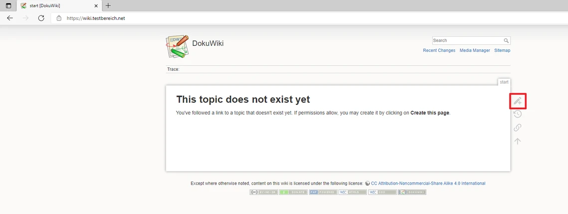 Screenshot einer DokuWiki-Seite: graue Box mit Text 'This topic does not exist yet'; Browserfenster, rechte Markierung.