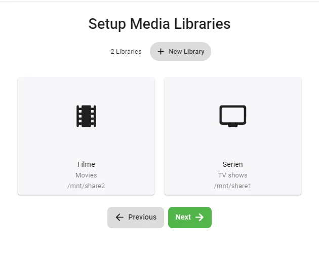 Screenshot einer Setup-Medienbibliotheken-Seite: zwei Kacheln (Filme links, Serien rechts) und Navigationsknöpfe unten.