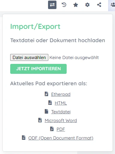Import/Export-Dialog mit Datei auswählen, Jetzt importieren; Exportformate: Etherpad, HTML, Textdatei, Word, PDF, ODF.