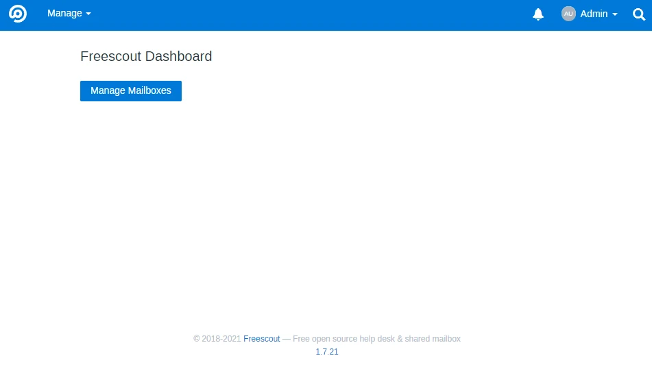 Freescout-Dashboard: Weiße Seite mit blauer Kopfzeile, Titel Freescout Dashboard und blauer Button Manage Mailboxes.