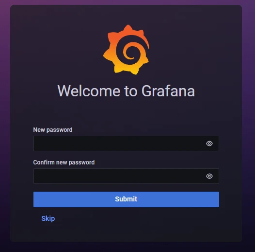 Grafana-Anmeldeseite: orange Logo, Titel Welcome to Grafana, zwei Passwortfelder, blauer Button Submit, Link Skip.