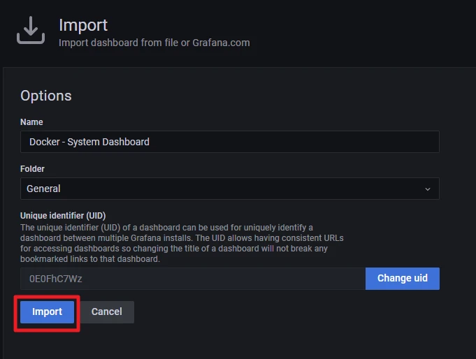 Import-Dialog: Name Docker - System Dashboard, Ordner General, UID-Feld; Import-Button unten links.
