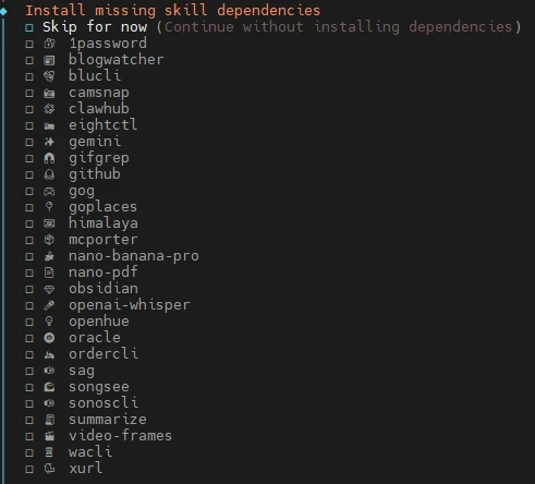 Terminalfenster mit schwarzem Hintergrund; Überschrift Install missing skill dependencies; Checkboxenliste 1password.