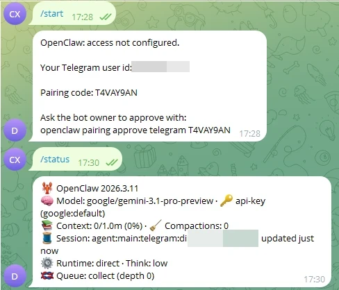 Telegram-Chatfenster mit OpenClaw-Nachricht: 'access not configured', Pairing-Code und Status-Details.