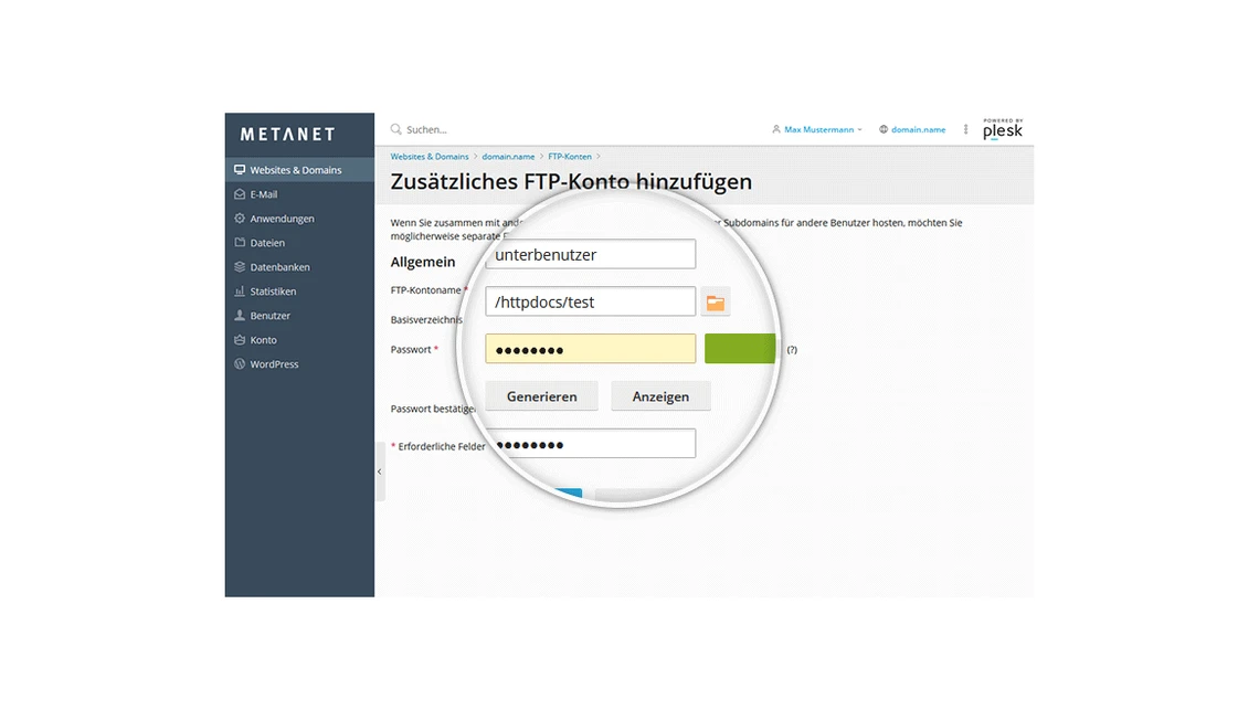 Screenshot einer Weboberfläche zum Hinzufügen eines FTP-Kontos: linke Navigationsleiste, Formularfelder, Passwortfeld.