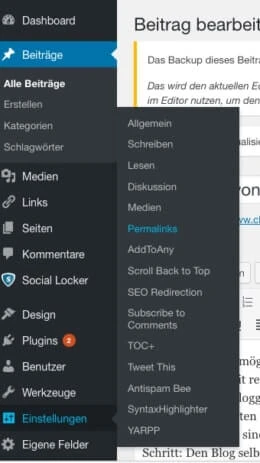 WordPress-Admin: linke Seitenleiste mit Beiträgen, Medien, Seiten; Editor mit Bearbeiten-Header und Permalink-Dropdown.
