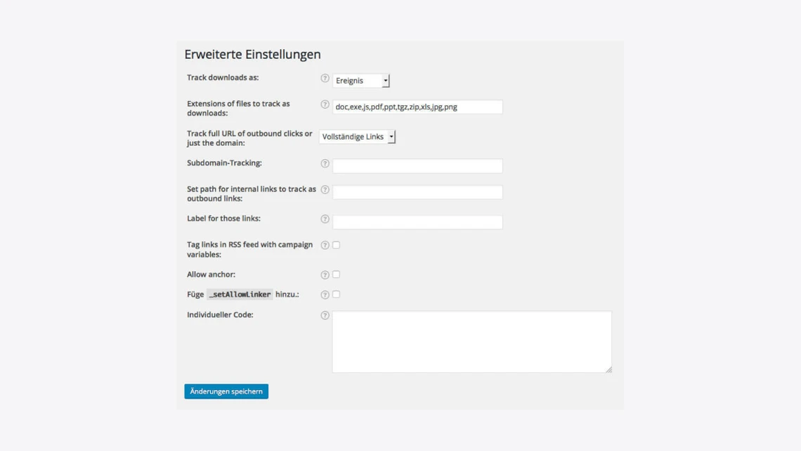 Screenshot eines Einstellungsfensters mit 'Erweiterte Einstellungen': Formularfelder, Dropdowns; blauer Speicher-Button.