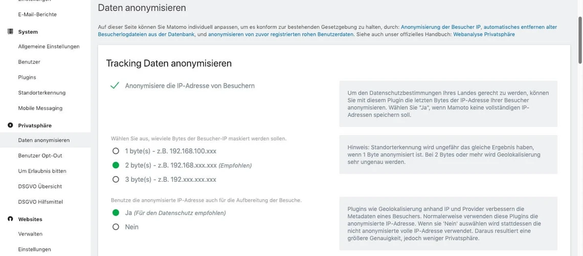 Screenshot einer Einstellungsseite: linkes Menü, Hauptbereich mit Überschrift 'Daten anonymisieren' und Checkboxen.