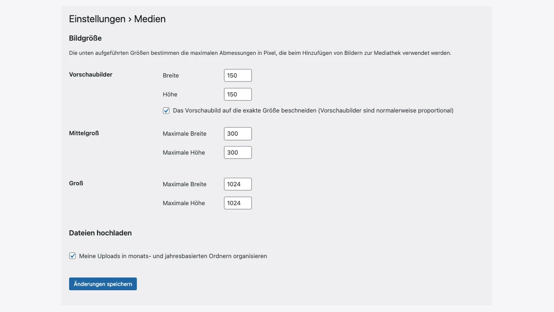 Screenshot der Medien-Einstellungen: Vorschau 150×150, Mittelgröße 300×300, Größe 1024×1024, Checkboxen, Speichern-Button.