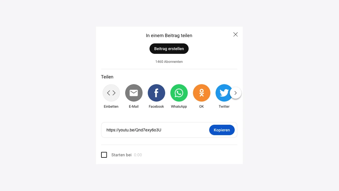 Teilen-Dialog mit URL-Feld und Kopieren-Button; Symbole für Einbetten, E-Mail, Facebook, WhatsApp, OK, Twitter.
