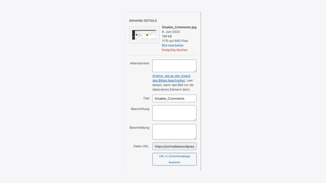 Screenshot eines Anhang-Details-Fensters mit Bildvorschau, Feldern für Alternativtext, Titel, Beschriftung und URL.