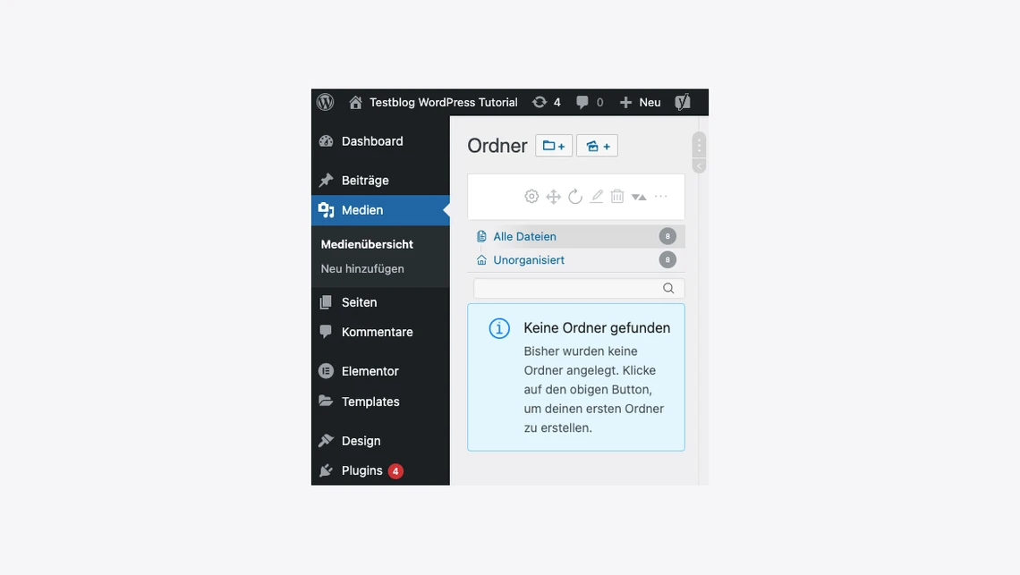 Screenshot des WordPress-Dashboards: Linkes Menü; Medienbereich zeigt Ordner: Keine Ordner gefunden.
