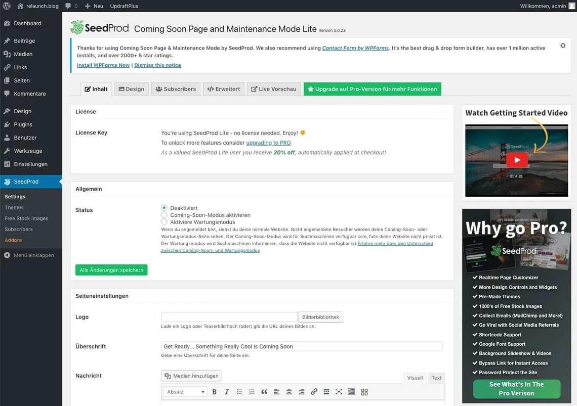 WordPress-Adminbereich mit SeedProd-Einstellungen: links Menü, zentrale Tabs Allgemein Status, rechts Video-Previews.