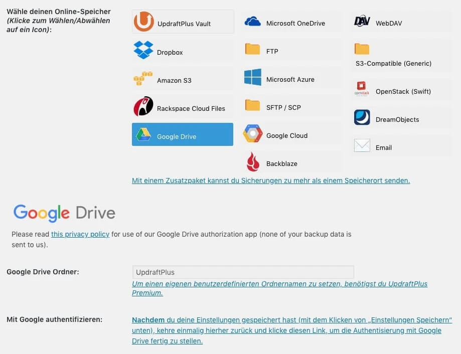 Screenshot eines Cloud-Speicher-Dialogs mit Icons (Google Drive, Dropbox, OneDrive, Amazon S3, Azure).