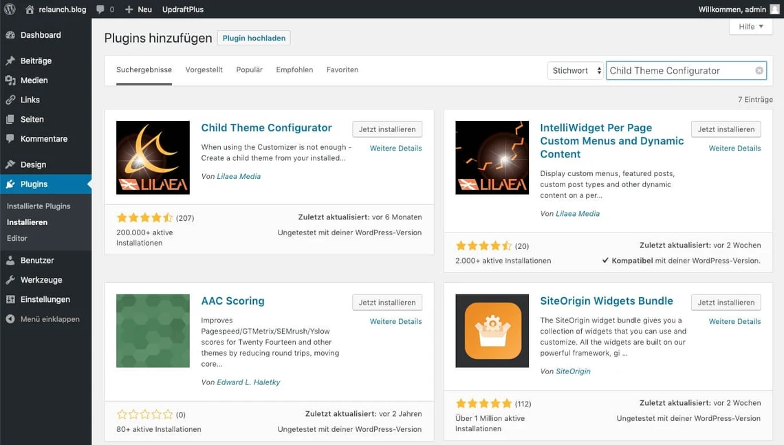 WordPress-Admin: Plugins hinzufügen-Seite mit Karten von Child Theme Configurator, SiteOrigin Widgets.