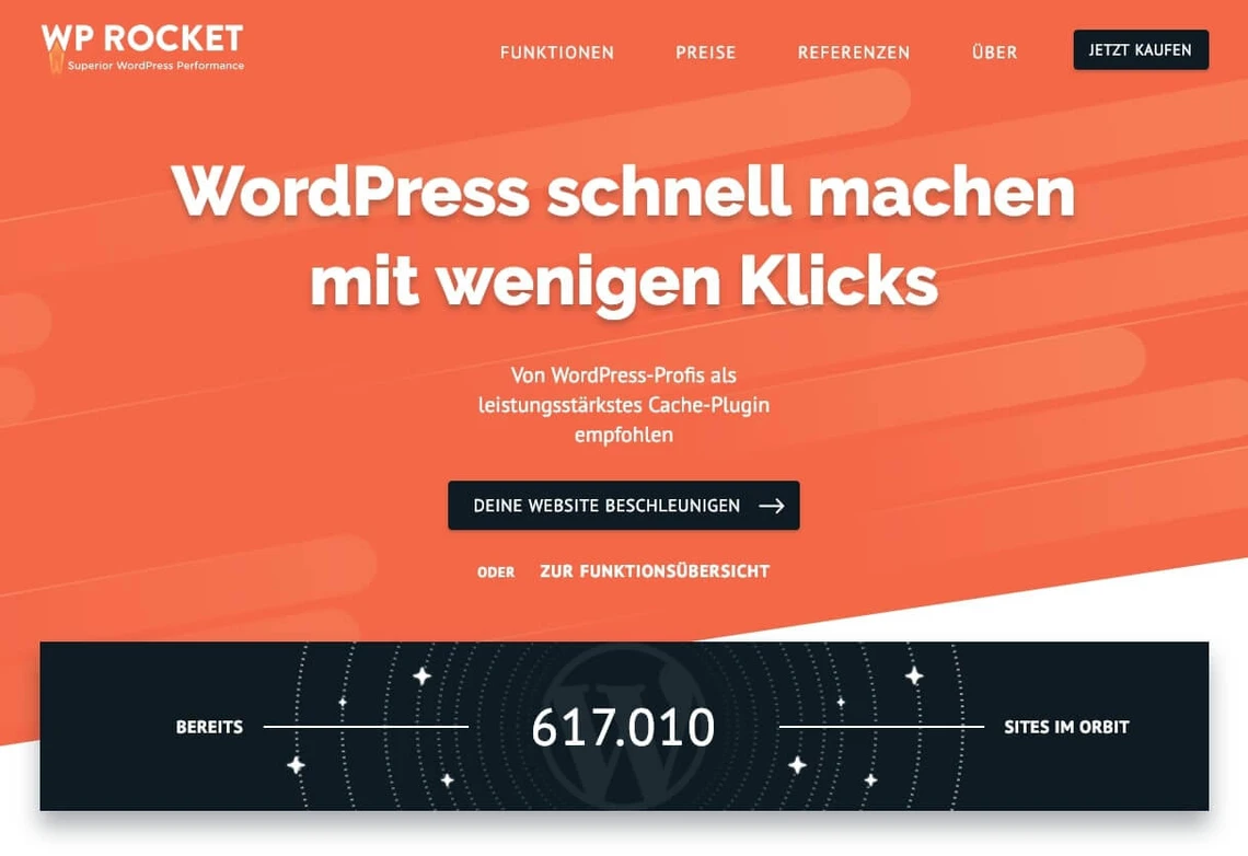 Orangener Web-Banner mit weißer Überschrift WordPress schnell machen und darunter dunkler Balken mit der Zahl 617.010.