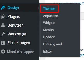 WordPress-Adminseite: linke Seitenleiste mit geöffnetem Design-Menü; Untermenü zeigt "Themes" hervorgehoben.