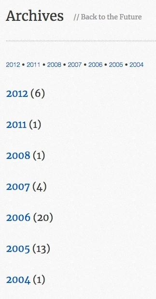 Archivseite mit Überschrift Archives; Liste der Jahre: 2012 (6), 2011 (1), 2008 (1), 2007 (4), 2006 (20), 2005 (13), 2004 (1).