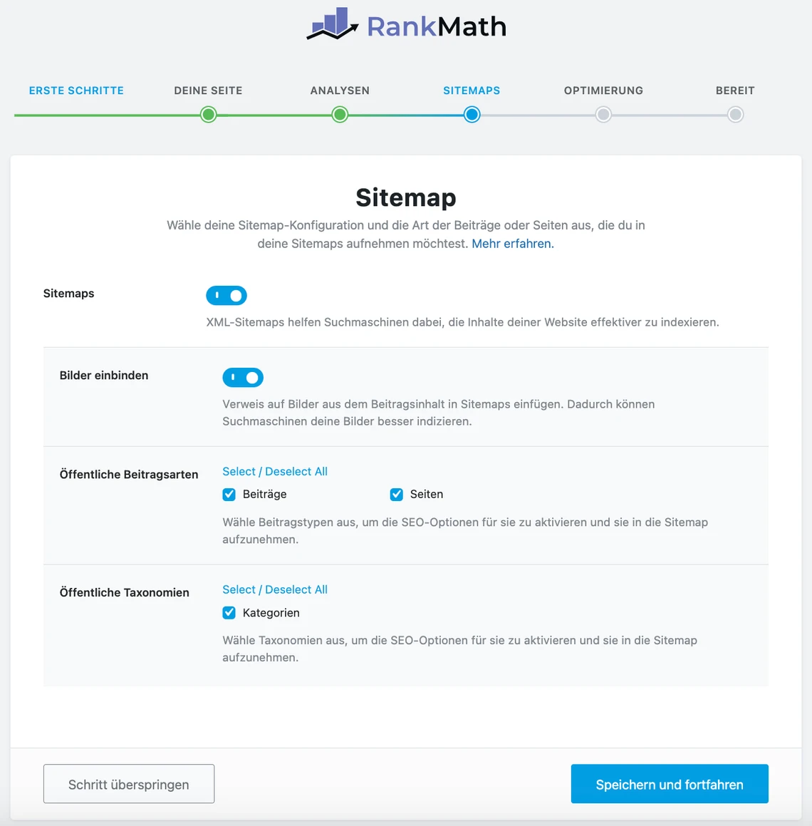 RankMath Sitemap-Einstellungen: Überschrift Sitemap, Umschaltfelder, Beitragsarten & Taxonomien; zwei Buttons unten.