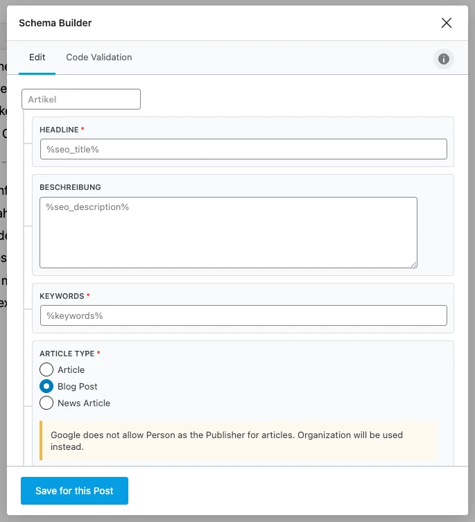 Screenshot eines Schema-Builder-Fensters mit Feldern für Headline, Description, Keywords und Artikelauswahl.