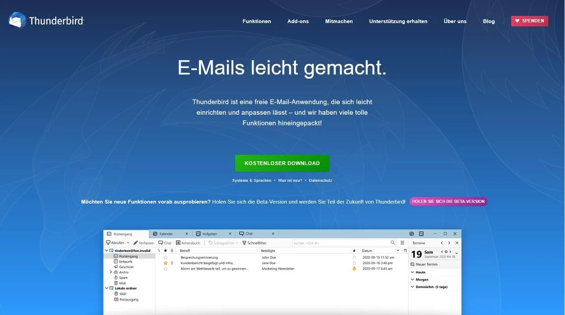 Blauer Verlauf, Thunderbird-Logo oben links, Überschrift E-Mails leicht gemacht, grüne Download-Button, E-Mail-Programm unten.