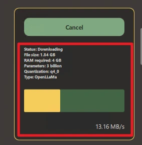 Download-Fenster mit grünem Cancel-Button, Status: Downloading; Datei 1.84 GB; Balken gelb/grün; 13.16 MB/s.