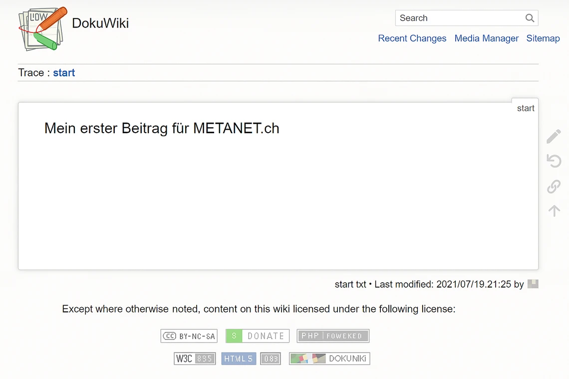 Screenshot einer DokuWiki-Seite: Logo links, Suchleiste oben rechts, Textfeld mit 'Mein erster Beitrag für METANET.ch'.