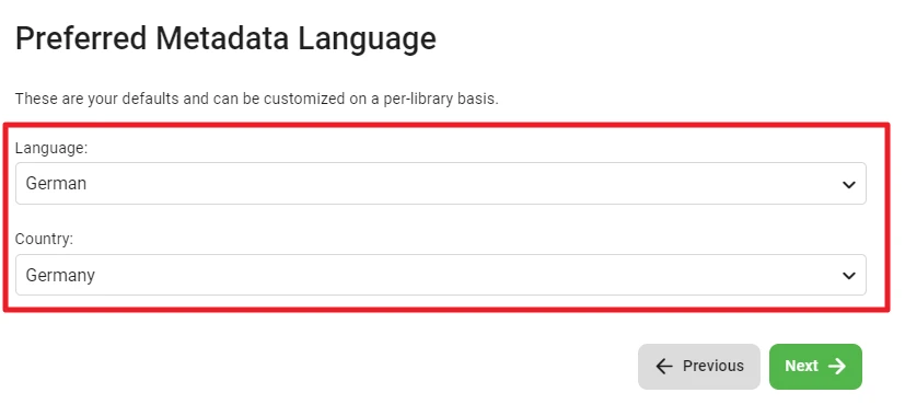 Bildschirm mit der Überschrift 'Preferred Metadata Language'; Dropdowns: Language – German; Country – Germany; unten Prev/Next
