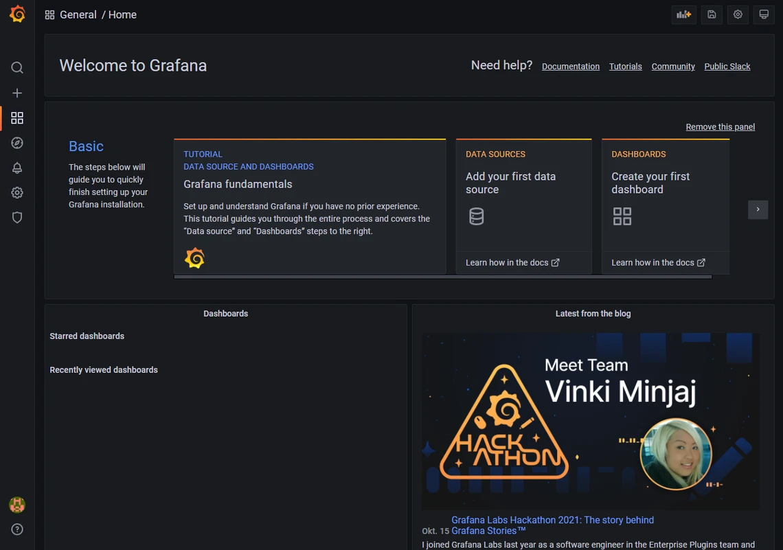 Dunkles Grafana-Dashboard mit linker Seitenleiste, oberem Titel 'Welcome to Grafana' und drei Kacheln.