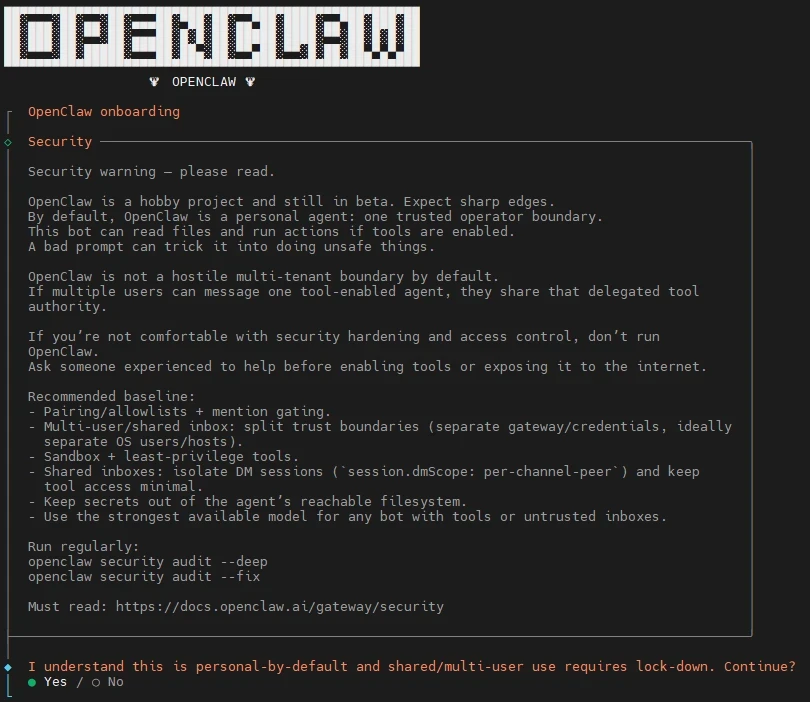 Screenshot einer dunklen UI mit OPENCLAW-Überschrift und Terminalfenster mit Sicherheitswarnung.