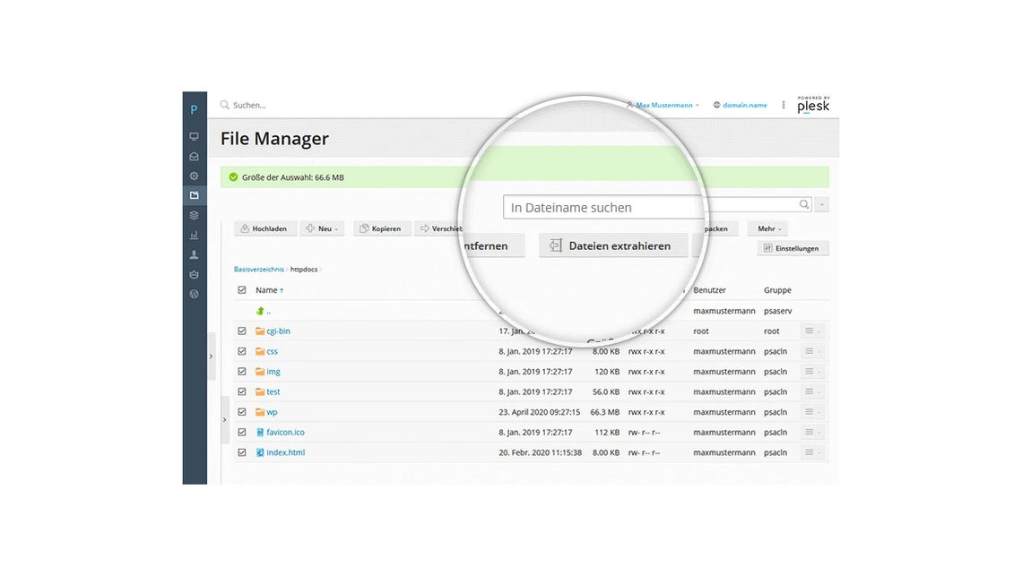Screenshot eines Dateimanagers mit linker Seitenleiste, Suchfeld in der Mitte, Dateiliste mit Icons, Lupe vergrößert.