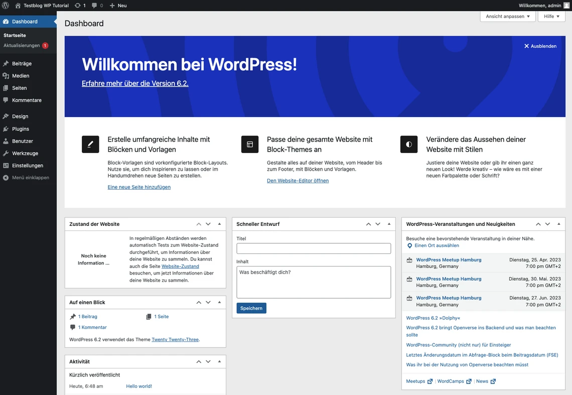 Screenshot eines WordPress-Dashboards: blaues Willkommensbanner, links ein vertikales Menü und mehrere Widgets.