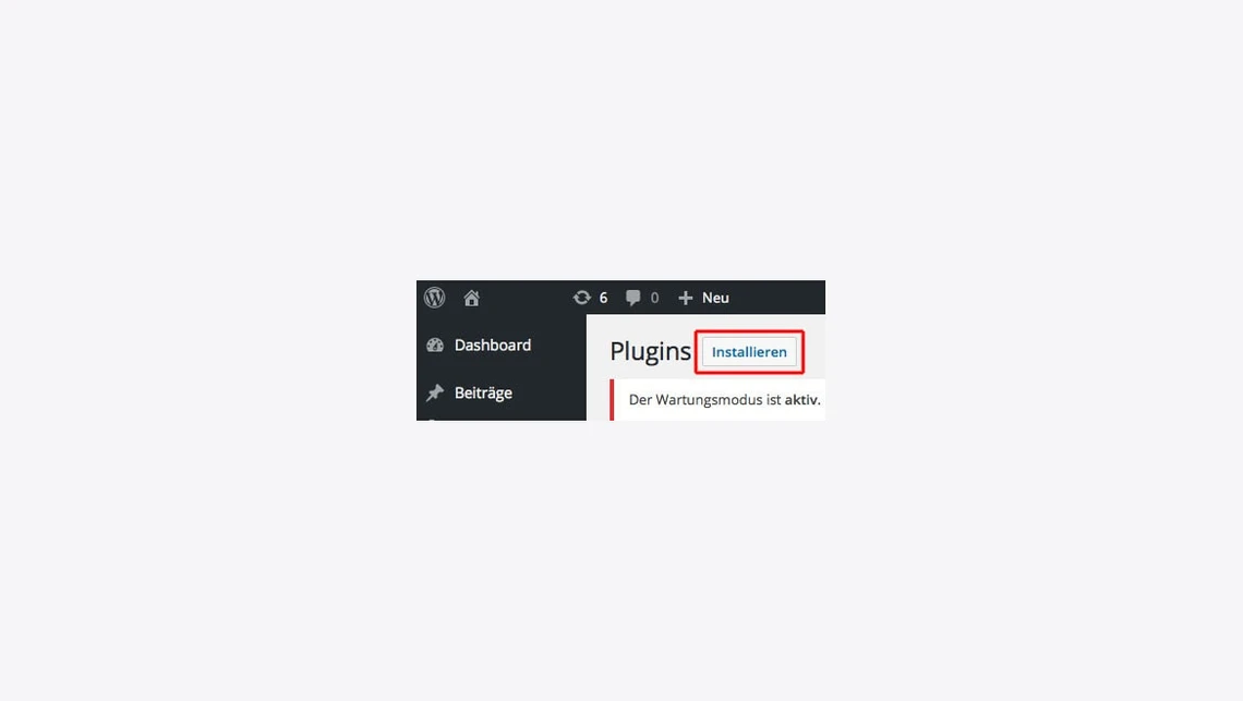 WordPress-Dashboard: Plugins-Menü mit hervorgehobenem Installieren-Unterpunkt.