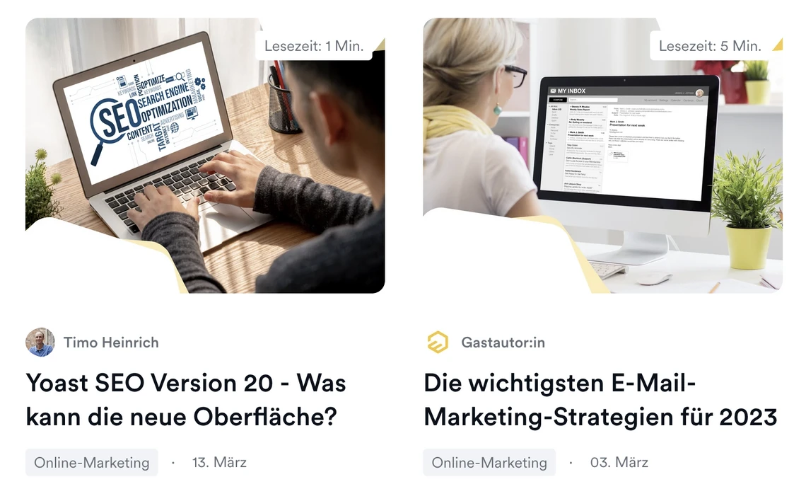 Zwei Artikel-Karten: Links tippt jemand am Laptop; rechts sitzt Person vor dem Desktop-Monitor, Pflanze auf dem Tisch.