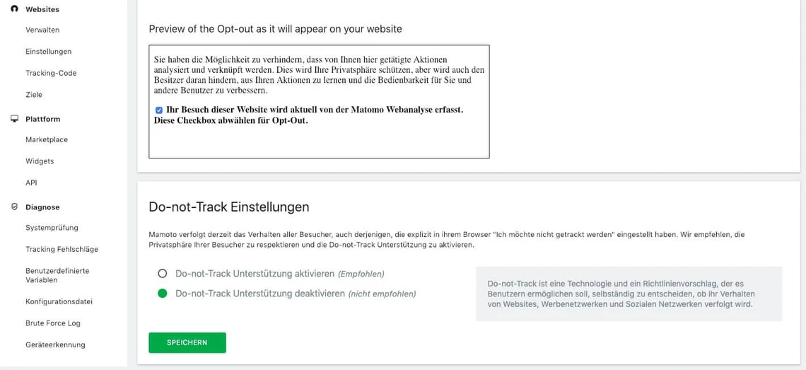 Screenshot einer Admin-Oberfläche: linkes Menü, Vorschau Opt-out-Text, Do-not-Track-Einstellungen und grüner Speichern-Button.