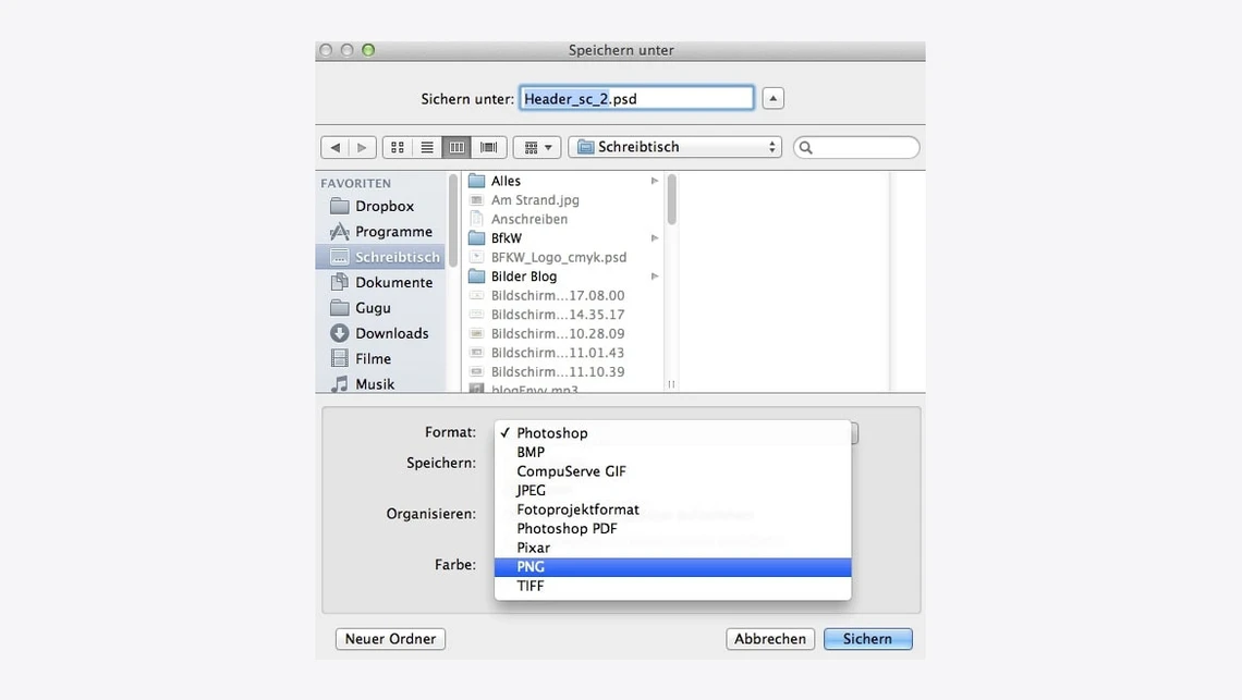 Screenshot eines Mac-Speichern-unter-Dialogs; PNG-Formatwahl im Dropdown, Finder-Fenster im Hintergrund.