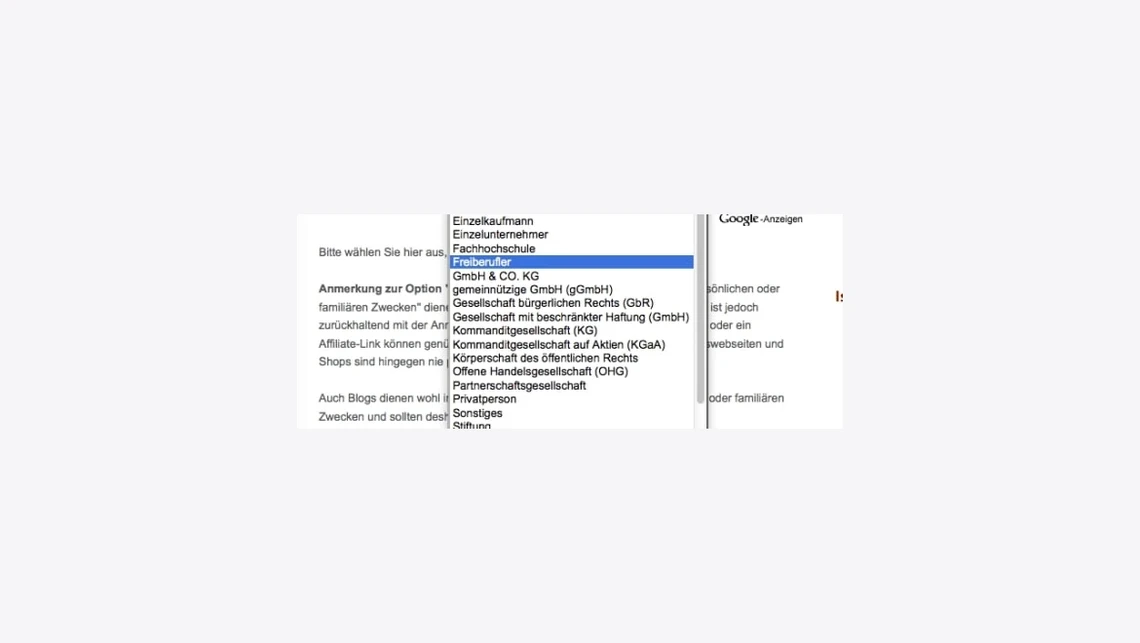 Screenshot eines geöffneten Dropdown-Menüs in einem Formular; hervorgehobene Option: GmbH & CO. KG.