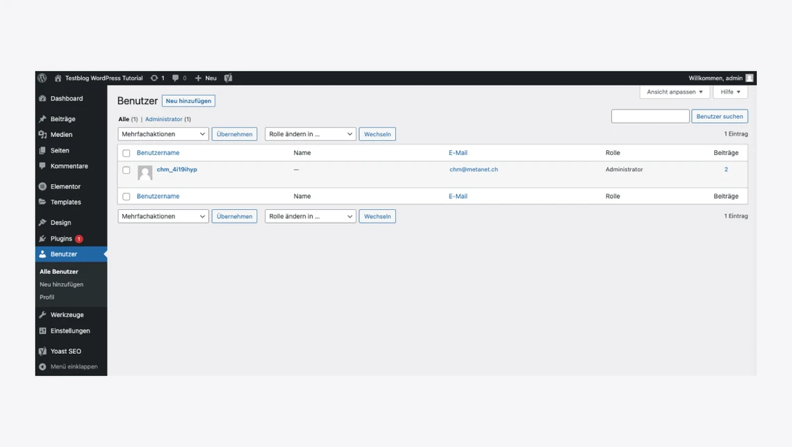 Screenshot des WordPress-Administrationsbereichs: linkes Menü und Hauptbereich 'Benutzer' mit Tabelle (Benutzername, Name, E-Mail, Rolle).