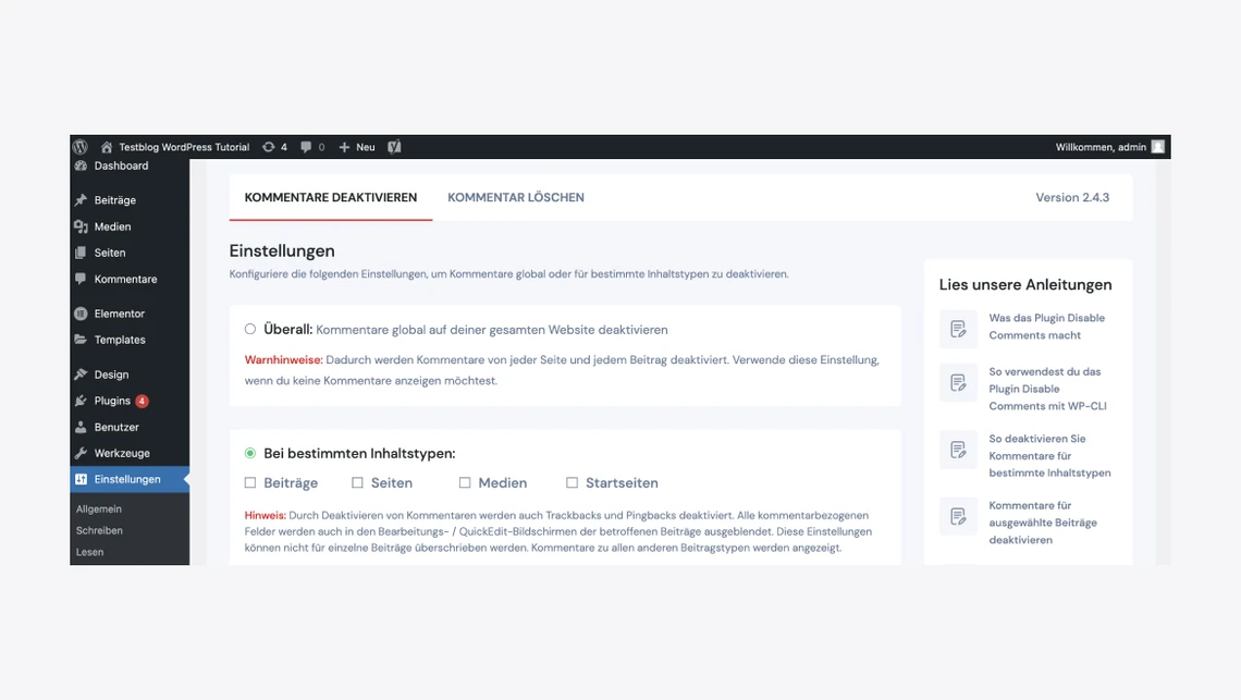 Screenshot eines WordPress-Admin-Dashboards: linke Seitenleiste mit Menüpunkten, zentrale Einstellungsseite mit Tabs oben.